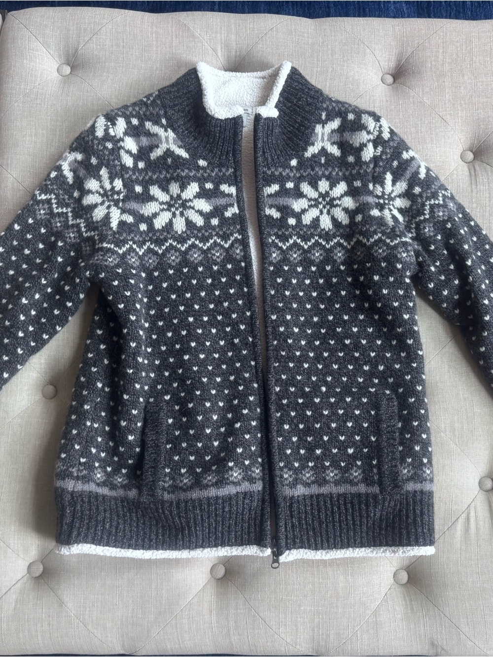 L.L. Bean Charcoal Gray Fair Isle Zip Cardigan with Cream Sherpa Lining